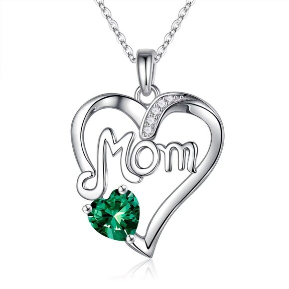 Mom Heart Pendant Necklace, Birthstone Crystal, Green Crystal, May Birthstone - Picture 1 of 3